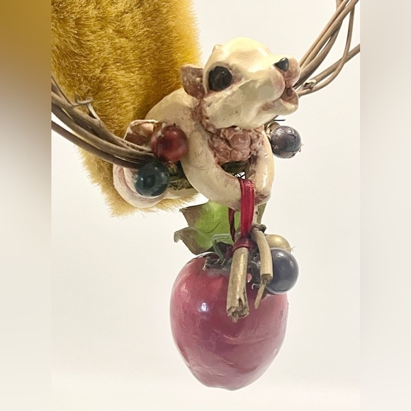 Rustic Squirrel Hanging Decor Ornament Twig Branch Apple Vintage Woodland Porch - Picture 2 of 7